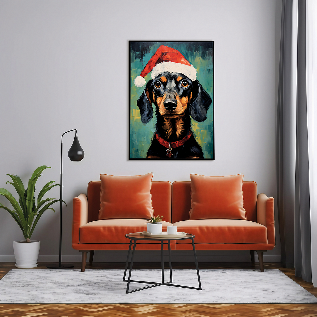 Painting of a dachshund wearing a Christmas hat - Art Print