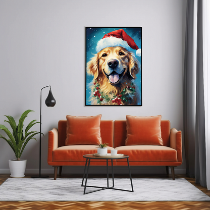 Painting of a golden retriever wearing a Christmas hat - Art Print