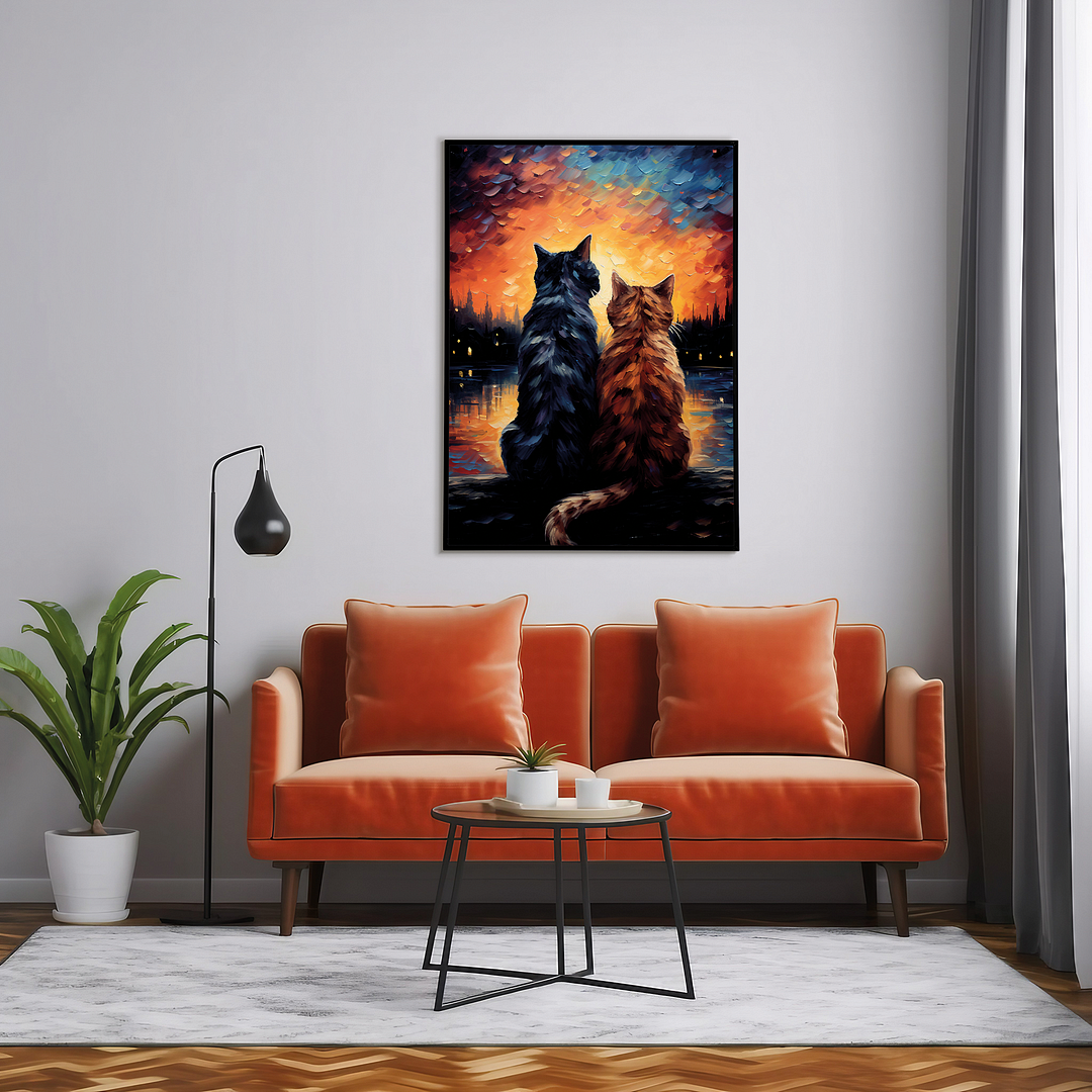 Couple of cat looking at the sunset - Art Print