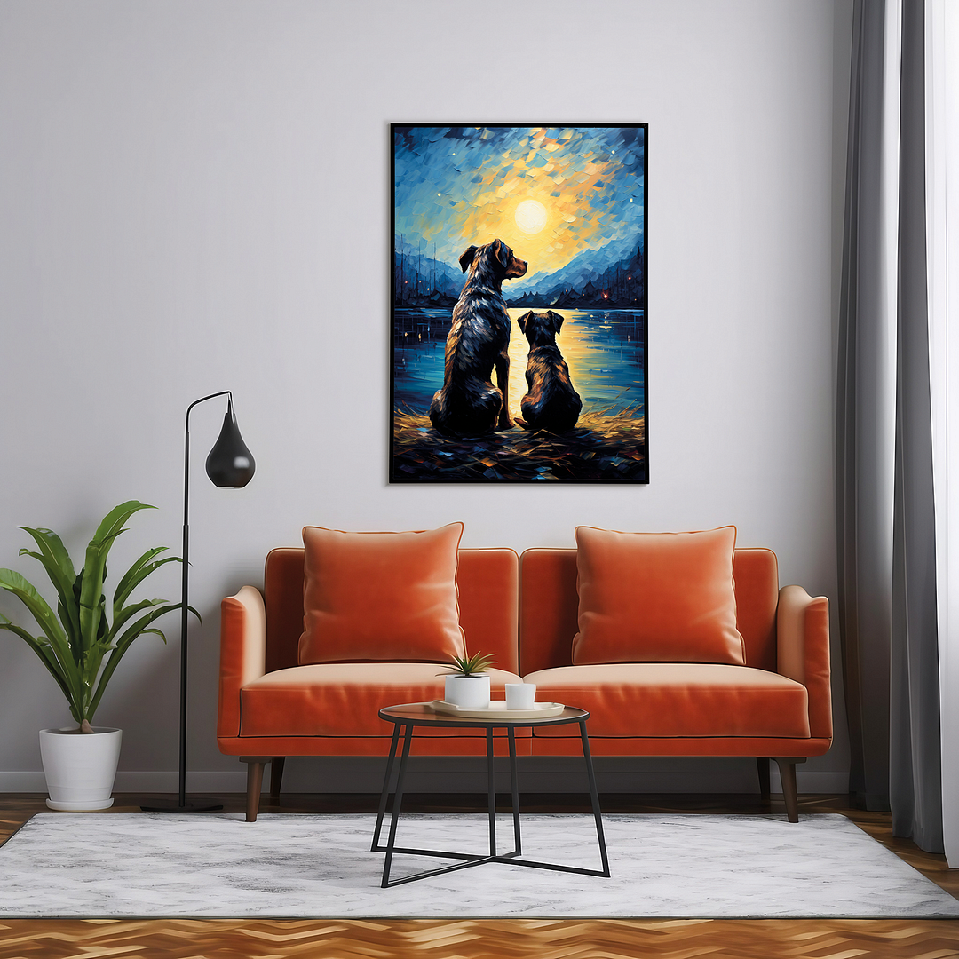 Dog and puppy looking at the starry night Van Gogh style - Art Print