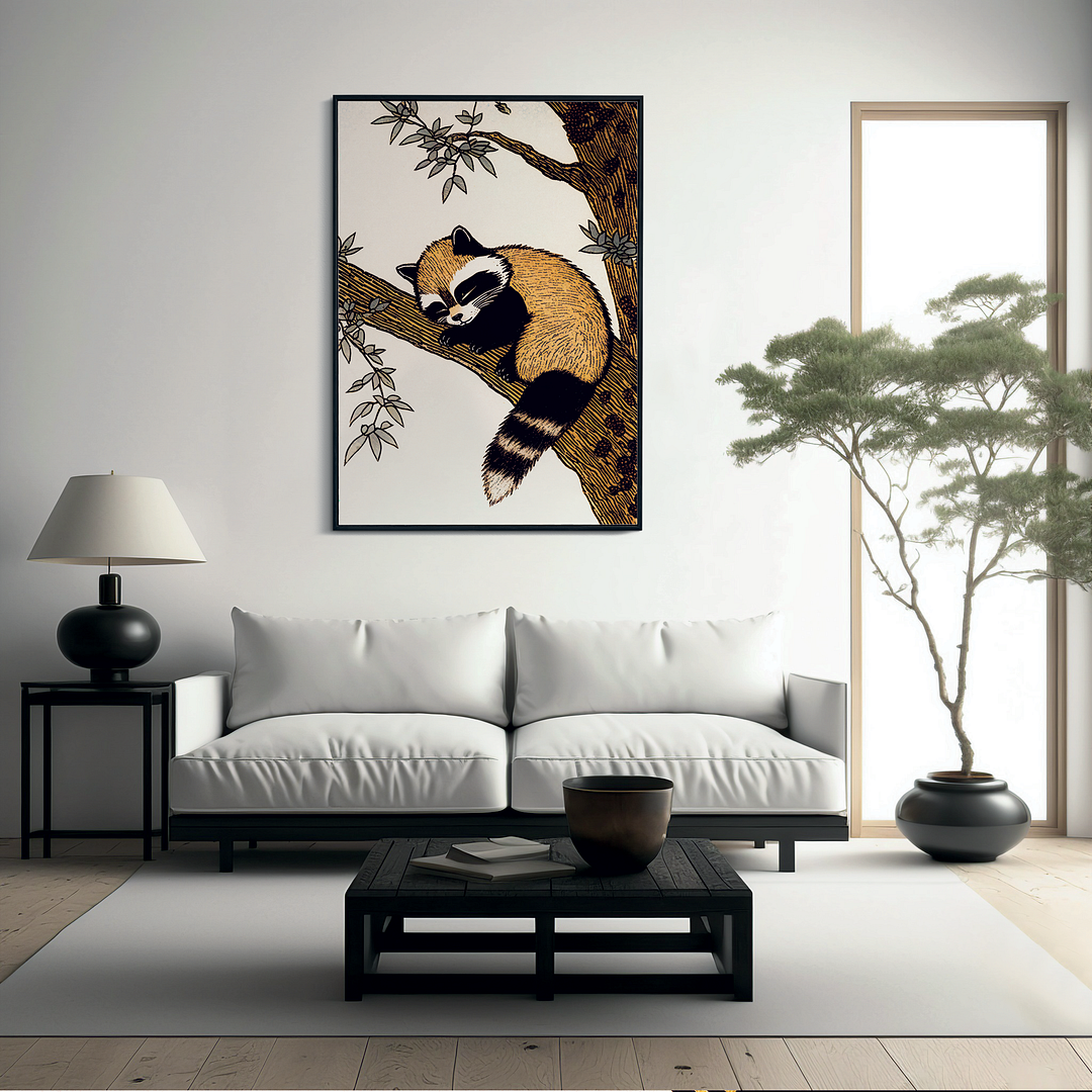 Racoon sleeping in a tree - Art Print