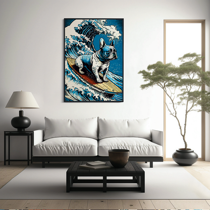 French bulldog surfing on the great wave - Art Print