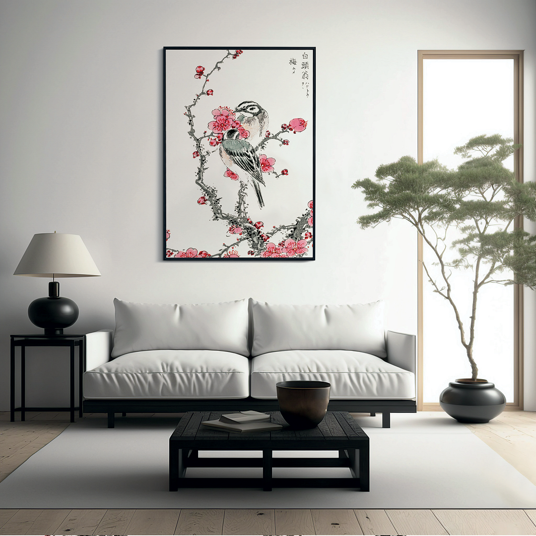 Pine Bunting and Plum Tree By Numata Kashu - Art Print