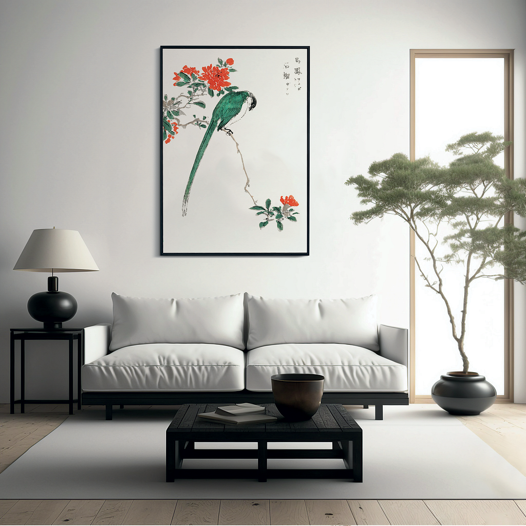 Japanese Long-tailed Tit and Pomegranate By Numata Kashu - Art Print