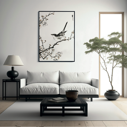 Bush-warbler and White Plum Tree By Numata Kashu - Art Print