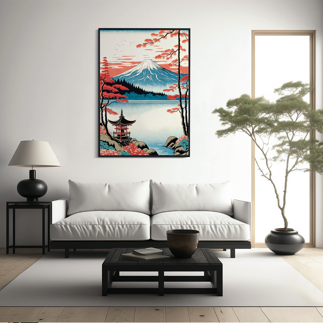 The Majesty of Mount Fuji: A Serene Lake and Red Shrine - Art Print