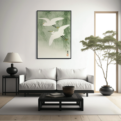 Little Egrets in flight  by Ohara Koson  - Art Print