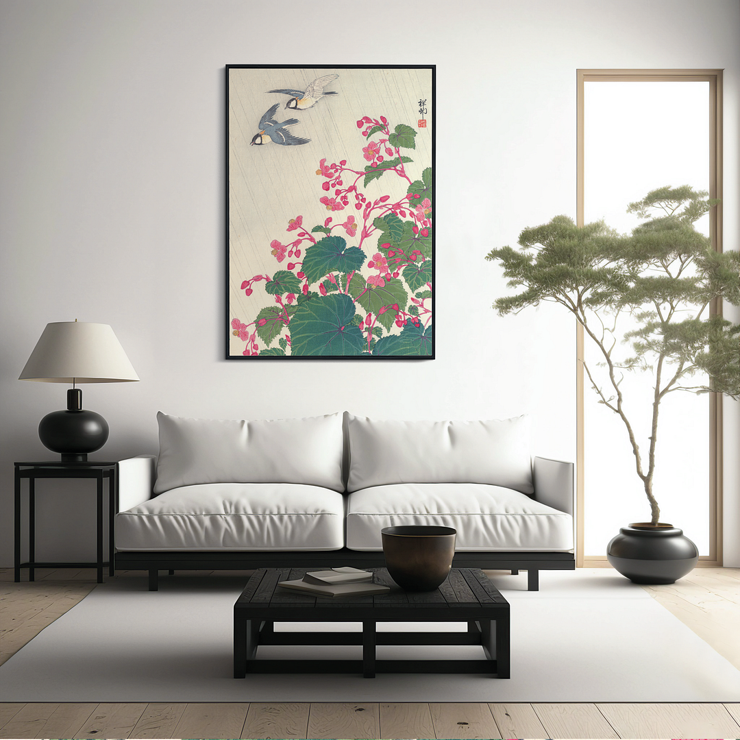 Two bird and begonia in rain by Ohara Shoson - Art Print