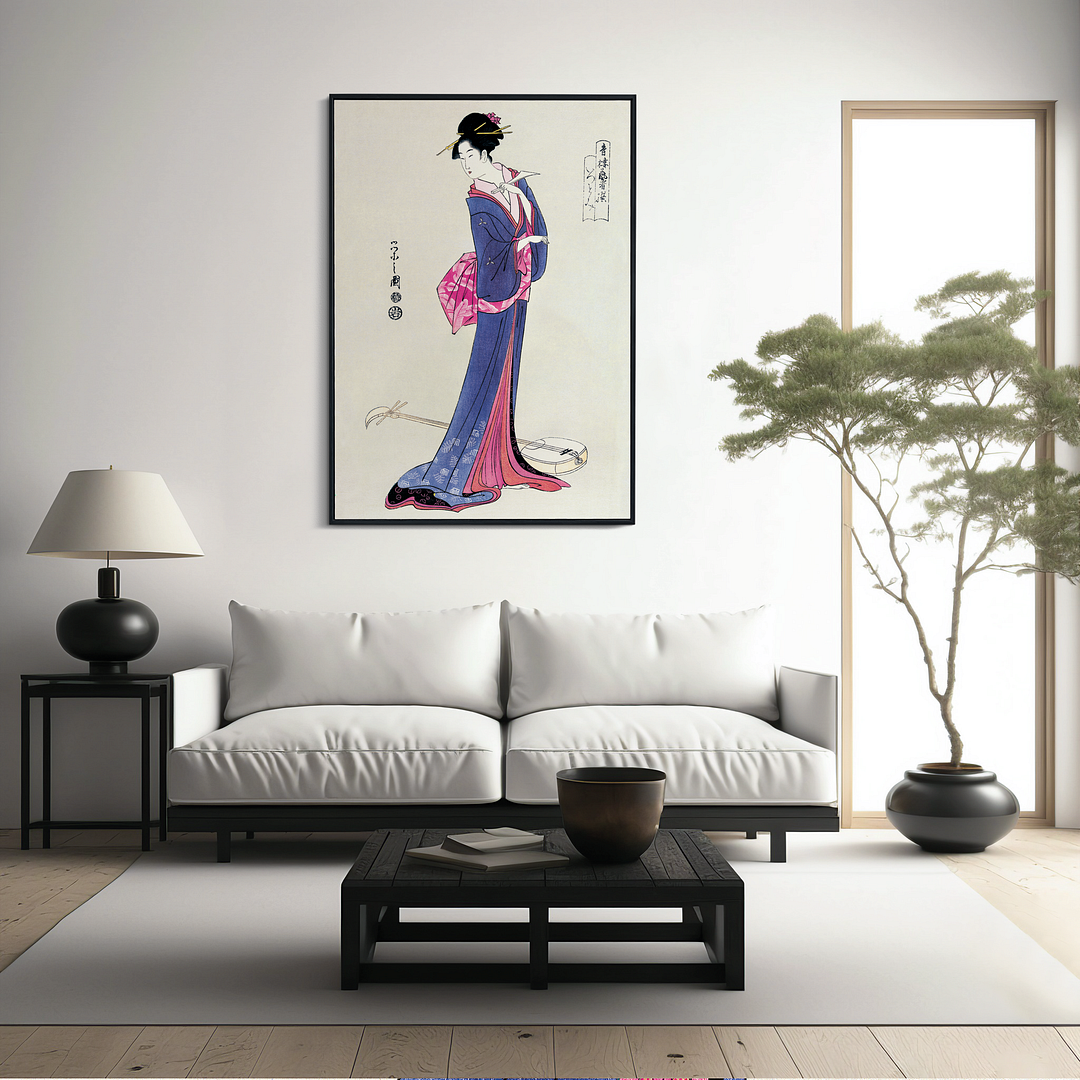 Japanese woman in kimono and a shamisen on the floor - Art Print