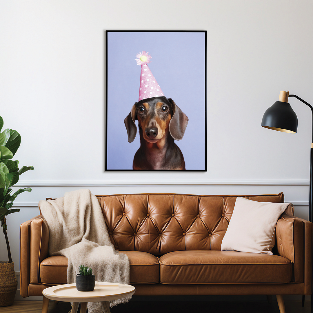 Dachshund with a pink party hat - Art Print
