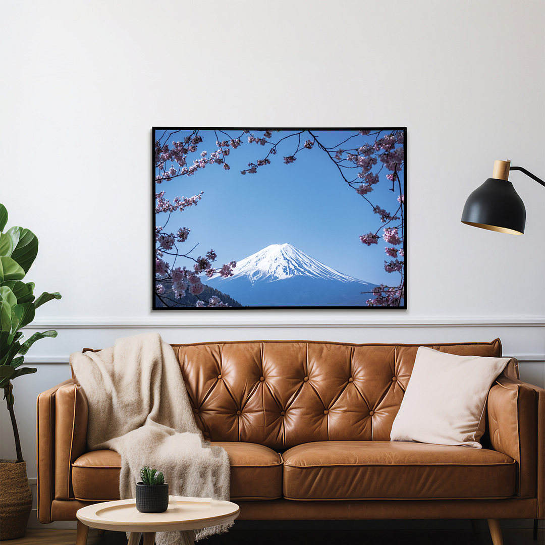 Blooming pink blossom branches with Fuji Mountain - Art Print