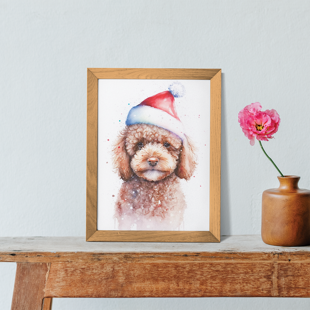 Brown poodle wearing a Christmas hat - Art Print