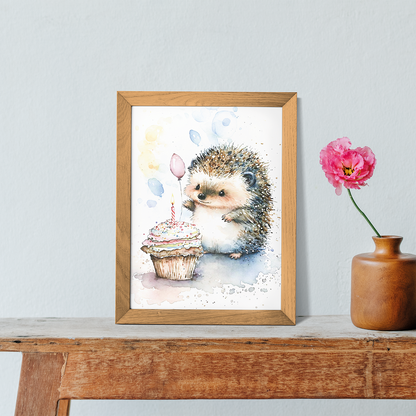 Hedgehog enjoying his cupcake - Art Print