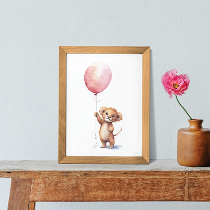 Lion cub hold holding a pink balloon - Art Print