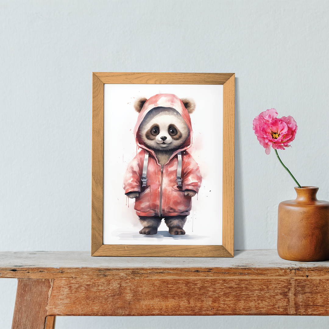 Panda wearing red raincoat - Art Print