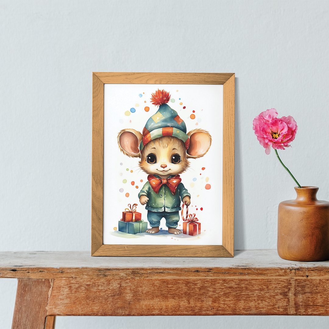 Little mouse with christmas gifts - Art Print
