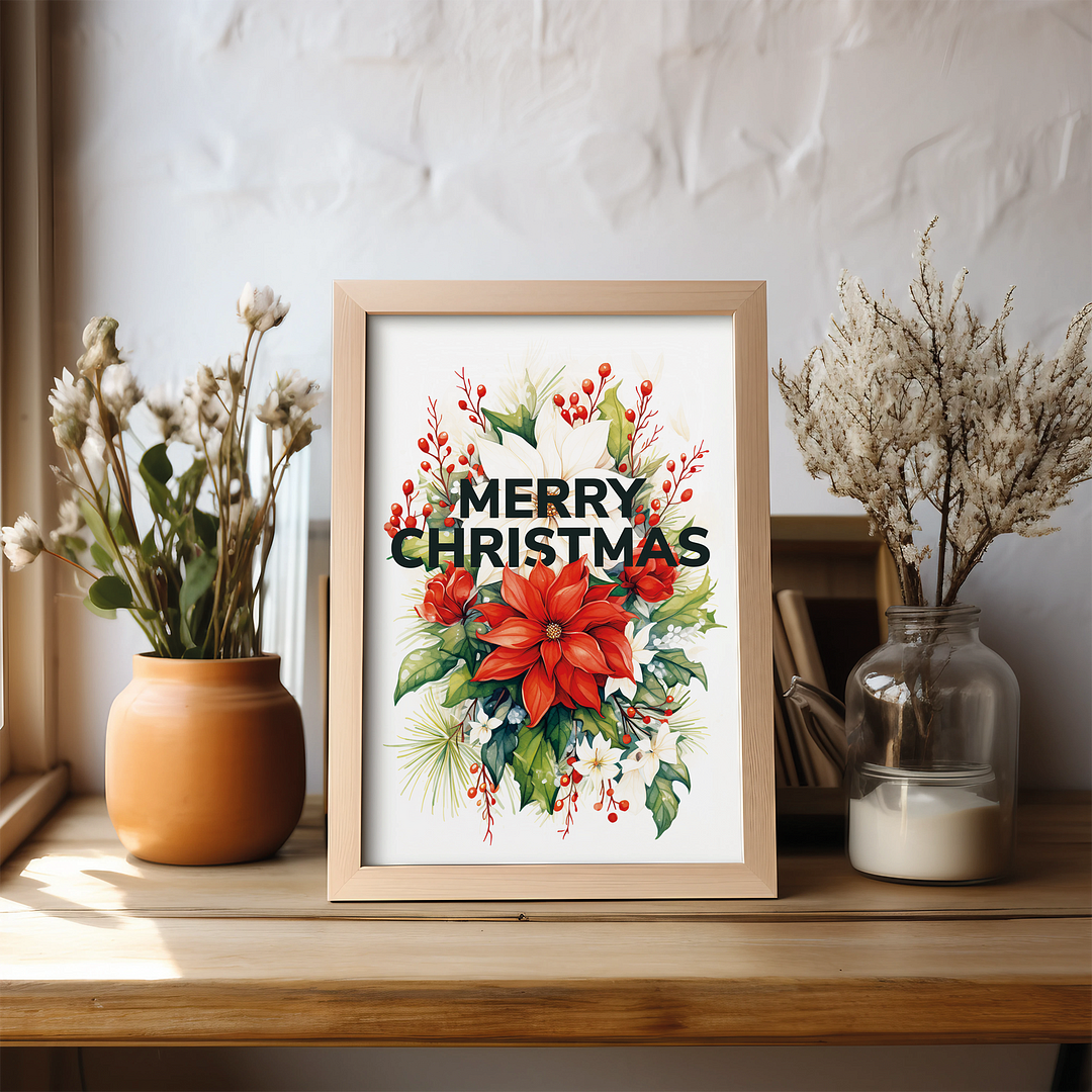 Merry Christmas Holly and Poinsettia - Art Print