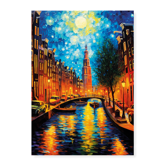 Amsterdam at night in the style of Vincent Van Gogh - Art Print