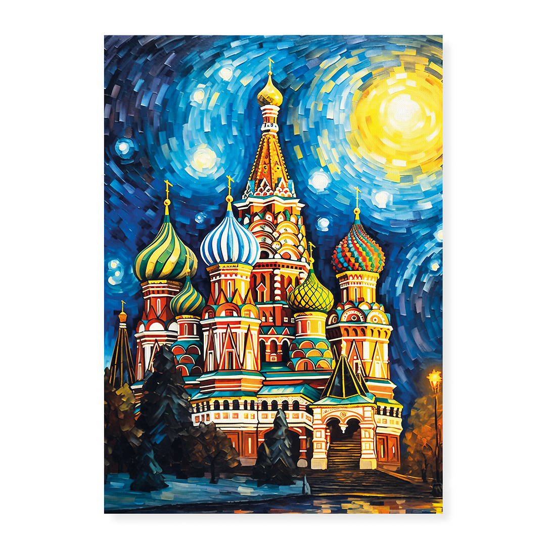 St Basil's Cathedral painting at night in Van Gogh style - Art Print