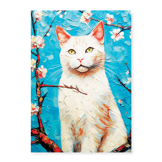 Almond blossom with white cat - Art Print