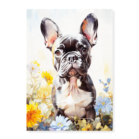 French bulldog surrounded by flowers  - Art Print