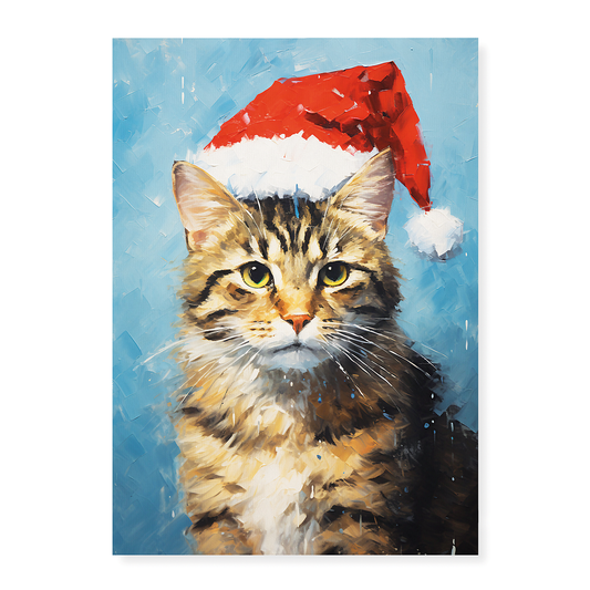 Painting of a cat wearing a Christmas hat - Art Print