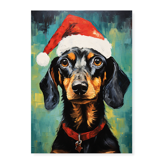 Painting of a dachshund wearing a Christmas hat - Art Print