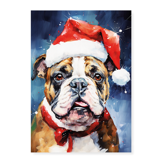 Painting of an english bulldog wearing a Christmas hat - Art Print