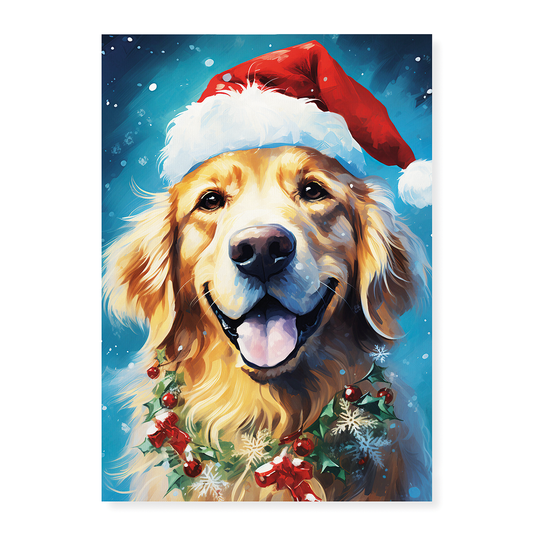 Painting of a golden retriever wearing a Christmas hat - Art Print