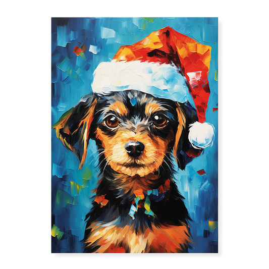 Painting of a cute puppy wearing a Christmas hat - Art Print