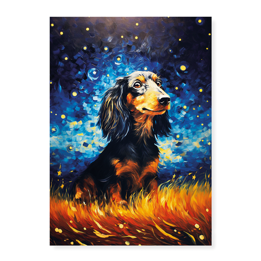 Longhaired dachshund in a weed field  Van Gogh style - Art Print