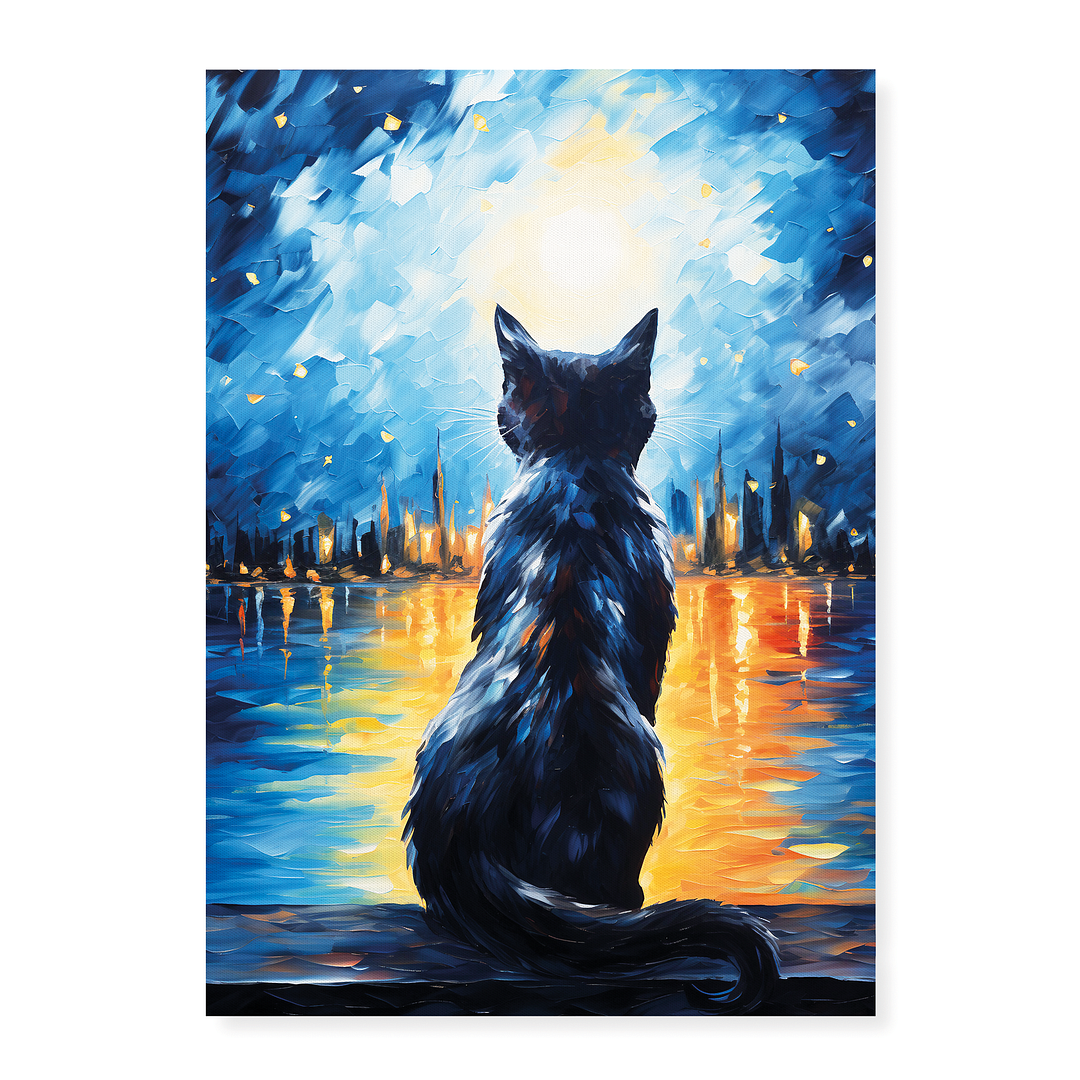 Cat looking over the starry night sky Van Gogh style - Art Print