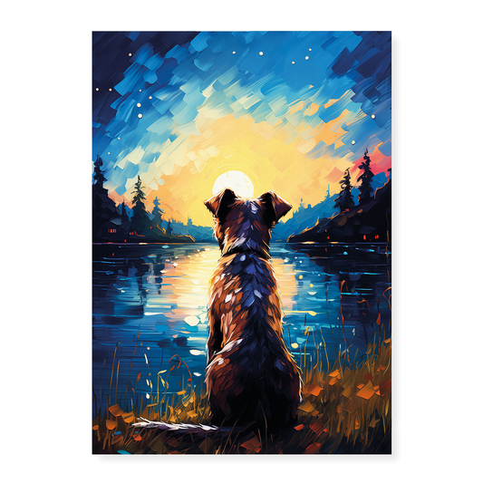 Dog looking at the sun set Van Gogh style - Art Print