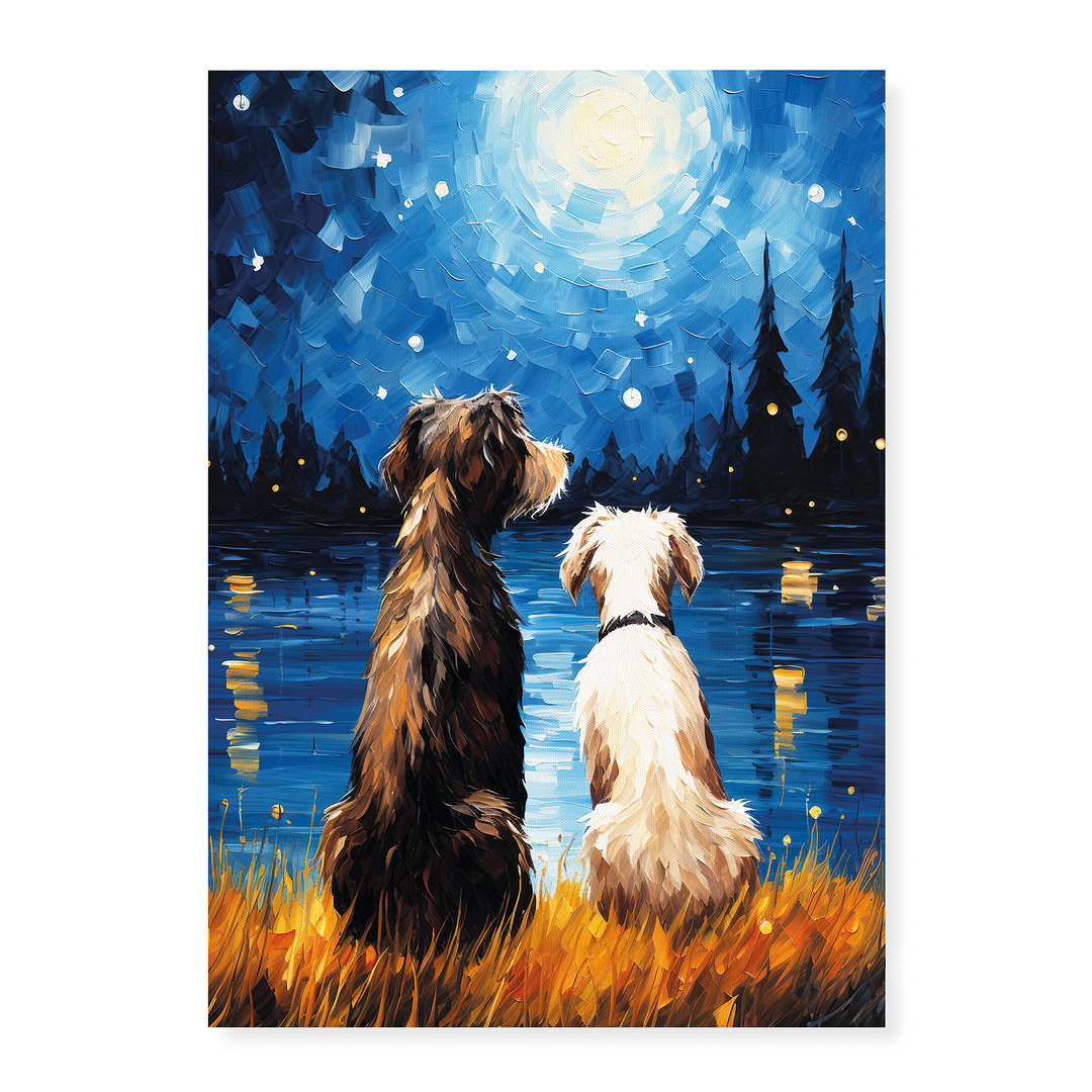 Two dogs looking at the starry night Van Gogh style - Art Print