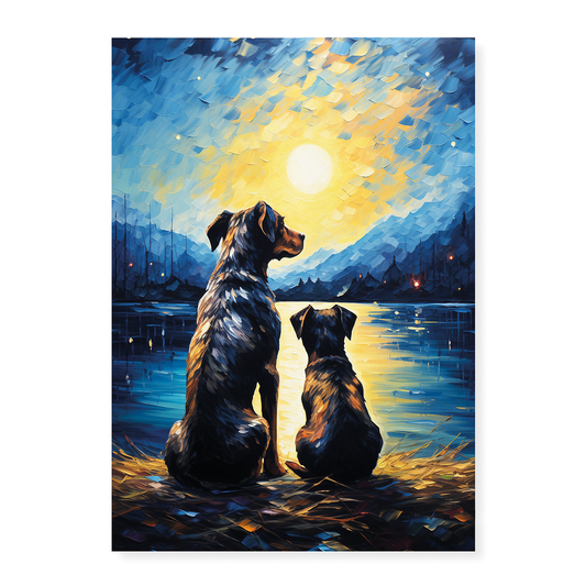 Dog and puppy looking at the starry night Van Gogh style - Art Print