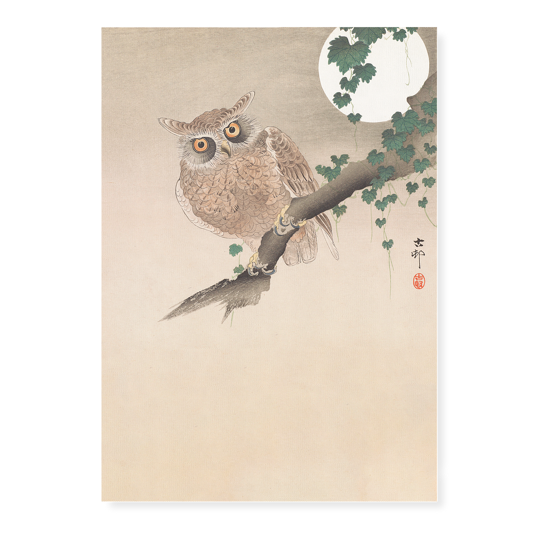 Owl perched on a tree branch and full moon By Ohara Koson - Art Print