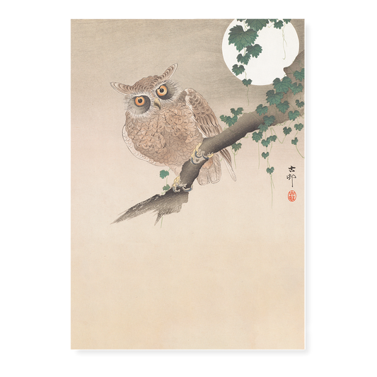 Owl perched on a tree branch and full moon By Ohara Koson - Art Print