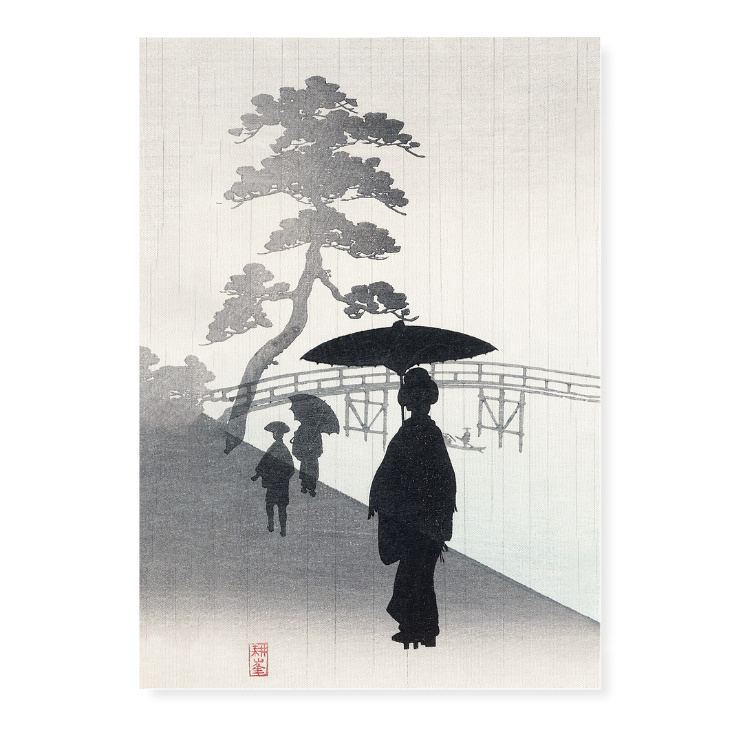 Geisha with umbrella silhouette woodblock - Art Print