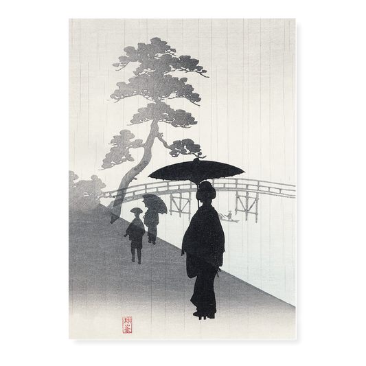 Geisha with umbrella silhouette woodblock - Art Print