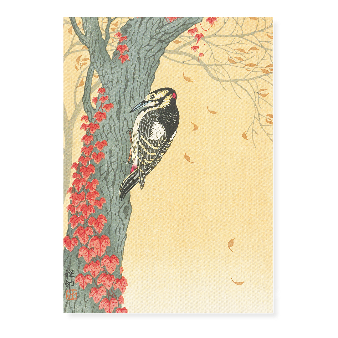 Great Spotted Woodpecker in Tree with Red Ivy By Ohara Koson - Art Print