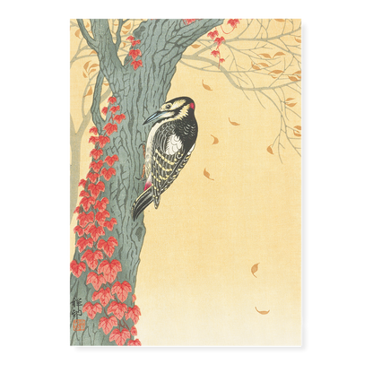 Great Spotted Woodpecker in Tree with Red Ivy By Ohara Koson - Art Print