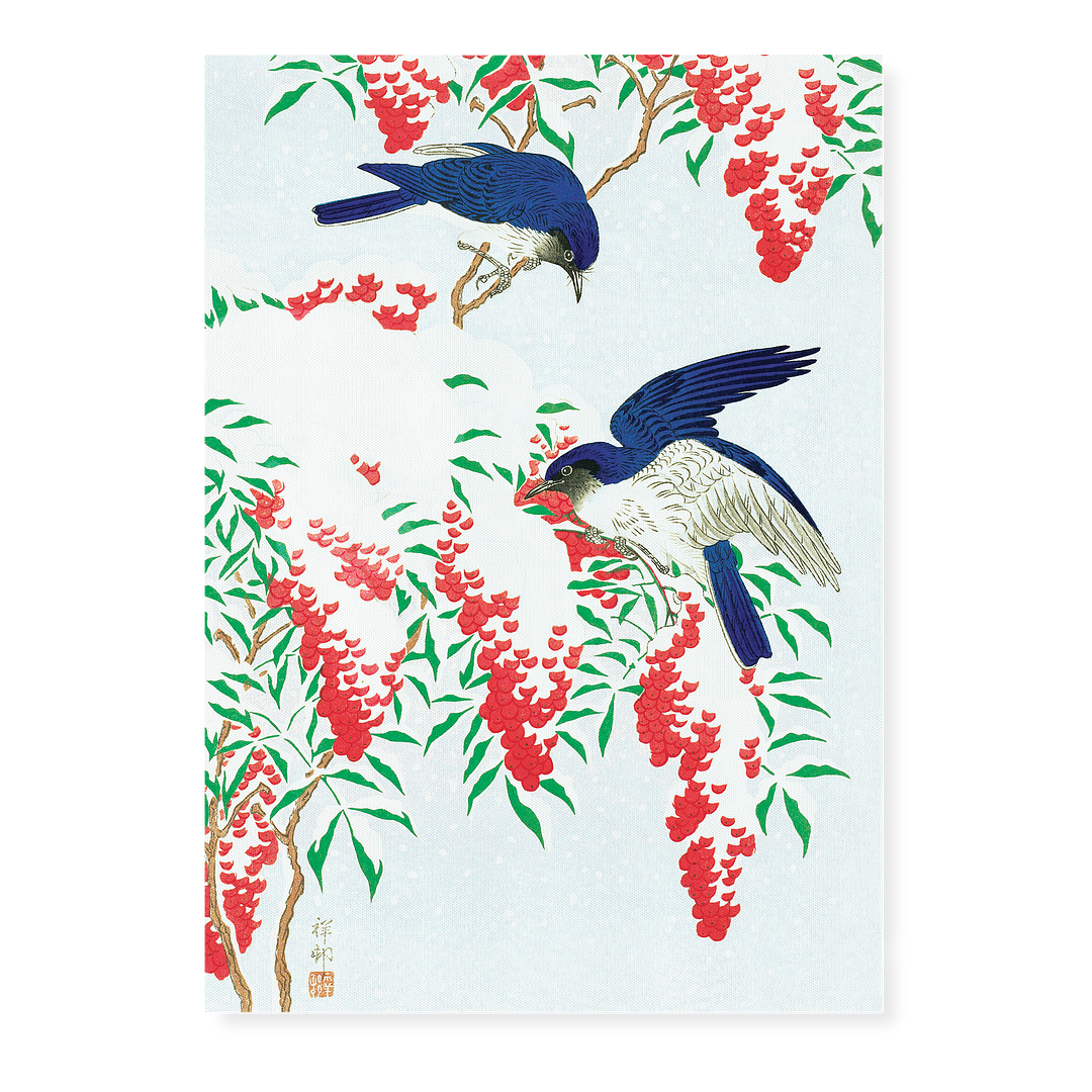 Flycatchers on a nandina bush By Ohara Koson - Art Print