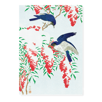 Flycatchers on a nandina bush By Ohara Koson - Art Print