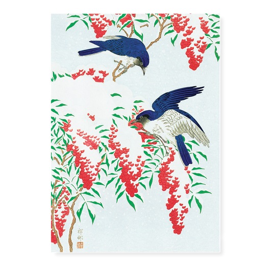 Flycatchers on a nandina bush By Ohara Koson - Art Print