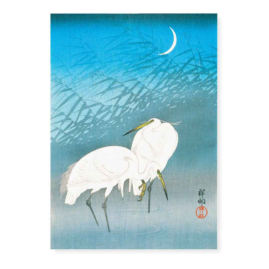 Egrets and Reeds in Moonlight By Ohara Koson - Art Print