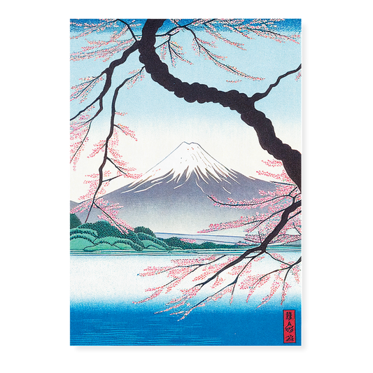 Mount Fuji framed by blossoms and a river - Art Print