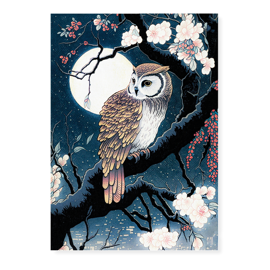 Glowing blossoms and owl in the night - Art Print