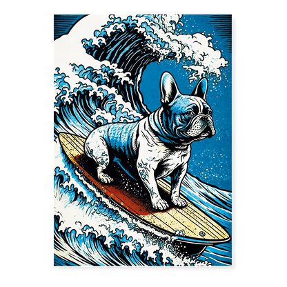 French bulldog surfing on the great wave - Art Print