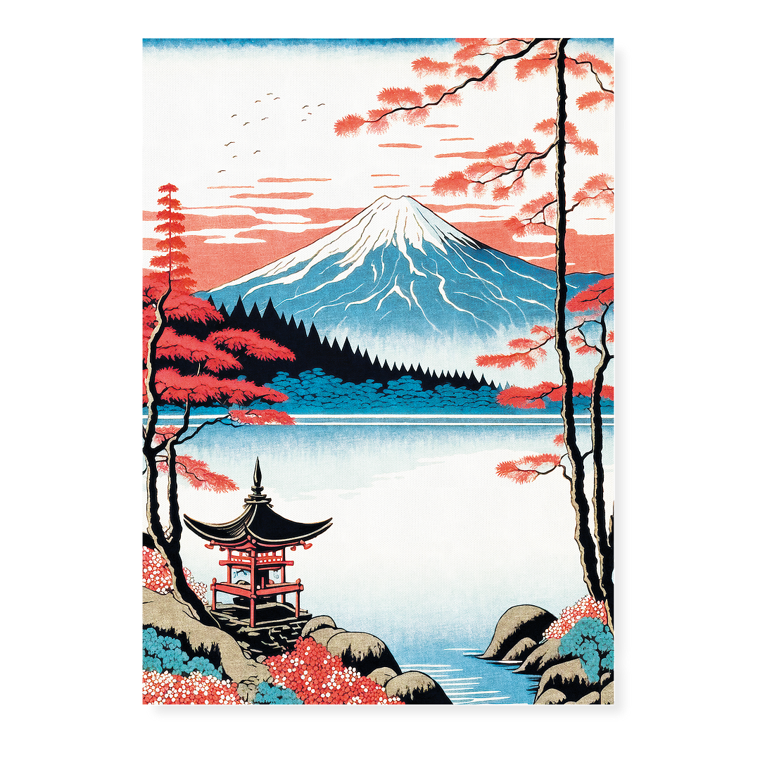 The Majesty of Mount Fuji: A Serene Lake and Red Shrine - Art Print