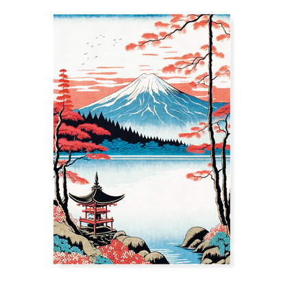 The Majesty of Mount Fuji: A Serene Lake and Red Shrine - Art Print